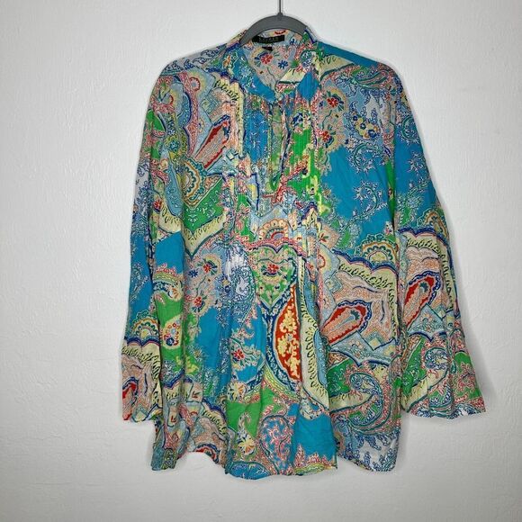 Lauren Ralph Lauren Tunic Top Size 1X Aqua Multicolor Paisley Blouse Lightweight - Picture 1 of 6